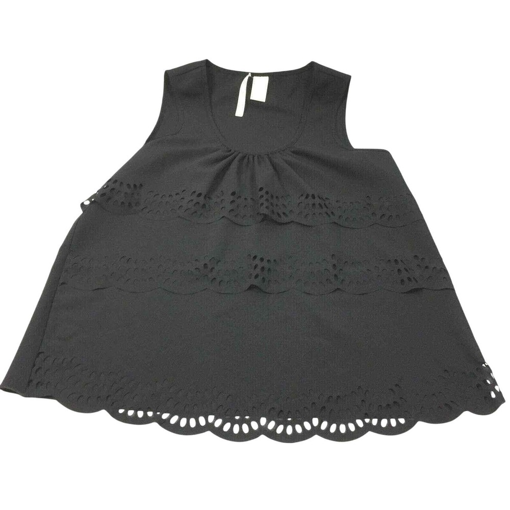 Women Tiered Eyelet Top Sz Small Black Scalloped Edge Sleeveless Blouse Summer